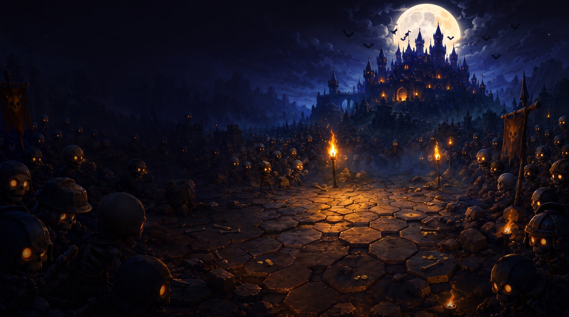 A torchlit hex-stone arena ringed by glowing-eyed skeletons, the moonlit castle on the ridge behind them