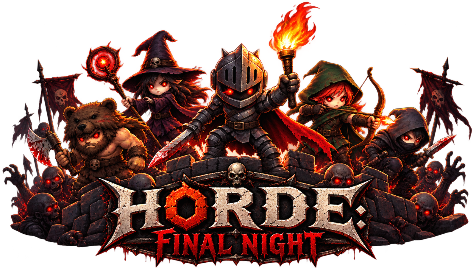 The five HORDE heroes surrounded by a glowing-eyed skeleton horde before a castle at night
