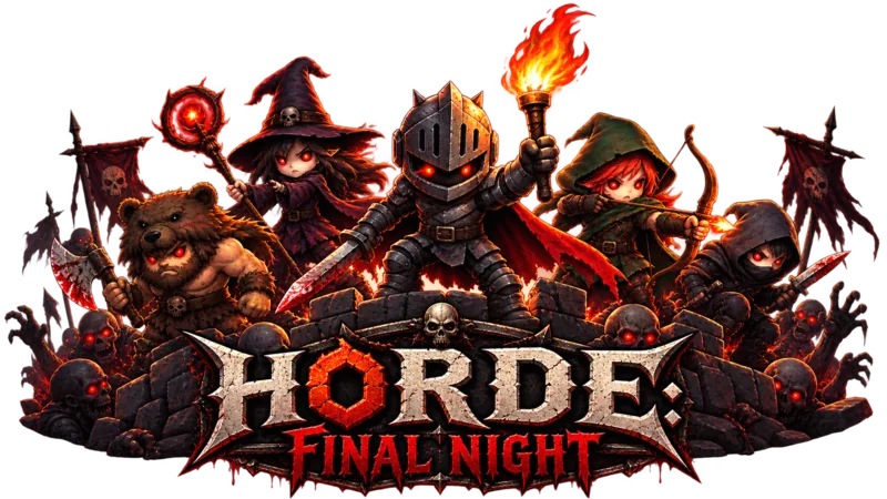 The five HORDE heroes surrounded by a glowing-eyed skeleton horde before a castle at night